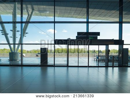 ZAGREB AIRPORT - 24 APRIL 2017: Silhouette of front entrance to airport.