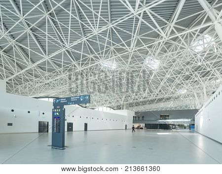 ZAGREB AIRPORT - 24 APRIL 2017: Direction signs to check in.