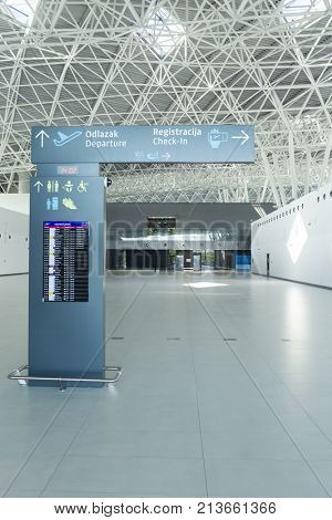 ZAGREB AIRPORT - 24 APRIL 2017: Direction signs to check in.