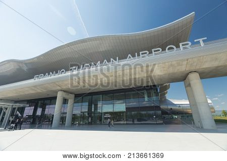 ZAGREB AIRPORT - 24 APRIL 2017: Front entrance with sign Franjo Tudman Airport.