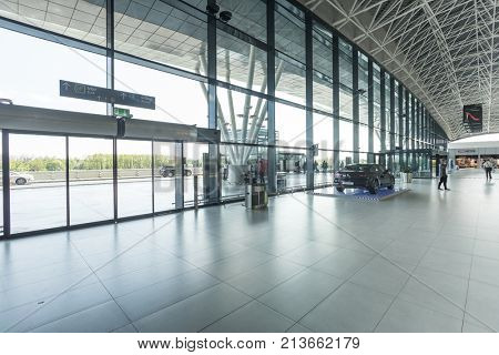 ZAGREB AIRPORT - 24 APRIL 2017: Entrance to the airport through glass doors.