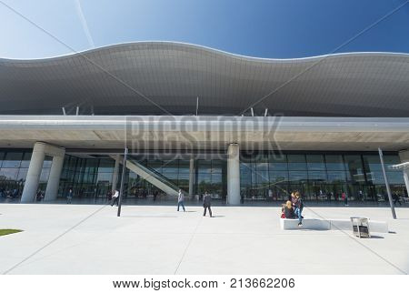 ZAGREB AIRPORT - 24 APRIL 2017: Front entrance with sign Franjo Tudman Airport.