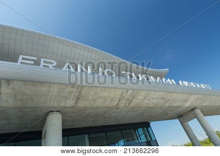 ZAGREB AIRPORT - 24 APRIL 2017: Front entrance with sign Franjo Tudman Airport.