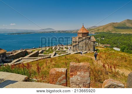 SEVANAVANK MONASTERY, ARMENIA - 02 AUGUST 2017: Famous Sevanavank Monastery Landmark on Lake Sevan in Armenia