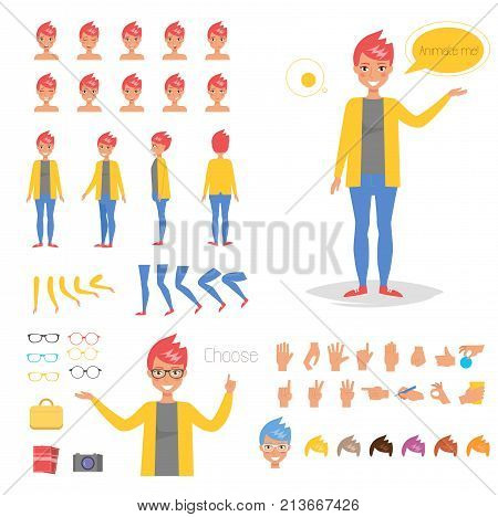Hipster woman for animation. Poses front, rear, side, three quarter. Creation set. Collection of emotions. Vector. Cartoon. Isolated art on white background. Flat. Different positions of the hands