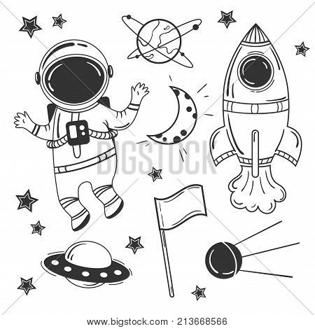 Astronaut cartoon space set. Rocket spaceship moon