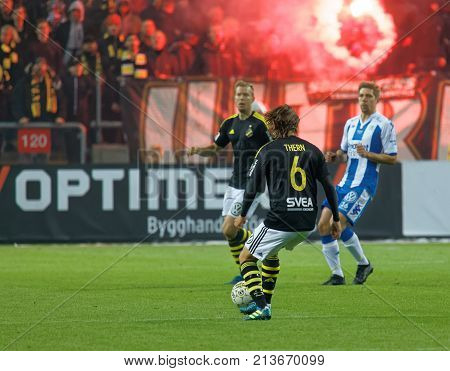 Solna Sweden - Oct 30 2017: Soccer Player In The Game Aik And Ifk Gothenburg Red Fire Show In The Ba