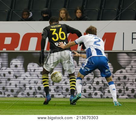 SOLNA SWEDEN - OCT 30 2017: Soccer player Henok Goiom (AIK) dribble. October 30 2017SolnaSweden