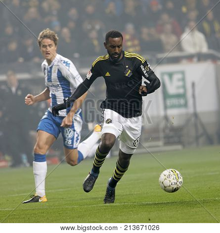 SOLNA SWEDEN - OCT 30 2017: Soccer player Henok Goiom (AIK) dribble. October 30 2017SolnaSweden