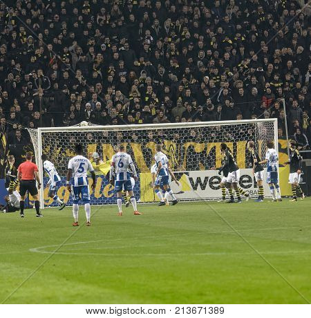 SOLNA SWEDEN - OCT 30 2017: AIK scores in the soccer game between AIK and IFK Gothenburg. October 30 2017SolnaSweden