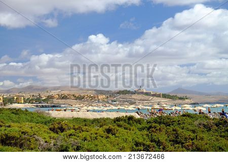 COSTA CALMA FUERTEVENTURA SPAIN - 22.OCTOBER 2017: View on the beach Costa Calma on the Canary island Fuerteventura with unknown tourists.