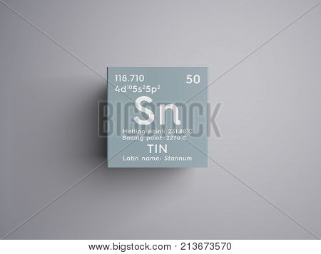 Tin. Stunnam. Post-transition Metals. Chemical Element Of Mendeleev's Periodic Table.. 3D Illustrati