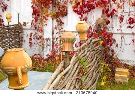 Authentic Ukrainian old fence with clay jug. Red creeper plant on white wall.