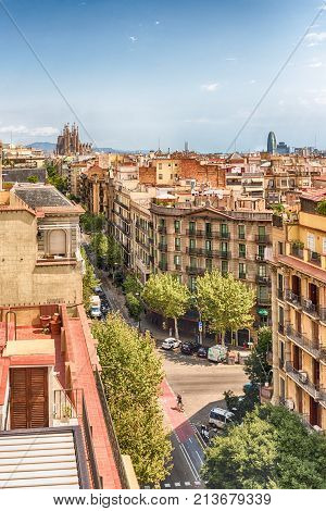 Aerial View Over The Rooftops Of Central Barcelona, Catalonia, Spain