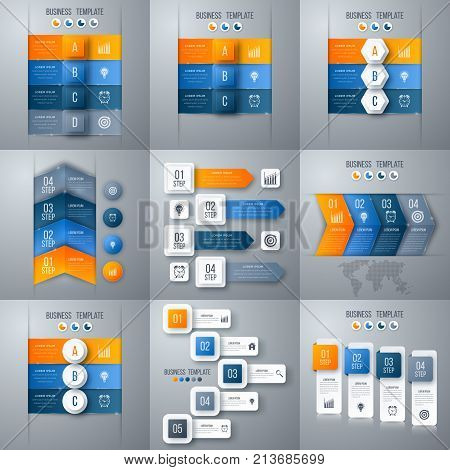 Set with infographics. Data and information visualization. Template. Stock vector. Dynamic infographics stylish geometric. element for design business invitations, gift cards, flyers and brochures