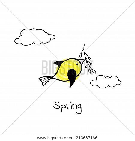 Little yellow bird flying with a sprig in its beak. Vector illustration.