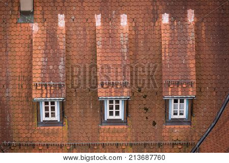 View to red roof of old traditional German house in Bad Wimpfen, Baden-Wurttemberg, Germany