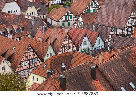 View to red roofs of old traditional German houses in Bad Wimpfen, Baden-Wurttemberg, Germany