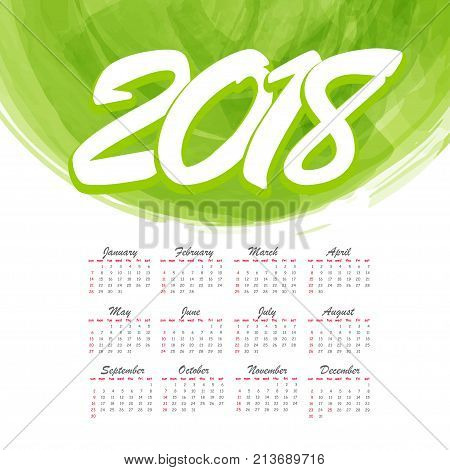 2018 watercolor abstract monthly calendar background. Office planner organizer schedule. Texture brush colorful frame backdrop splash design. Vector colored illustration. Green grunge color.