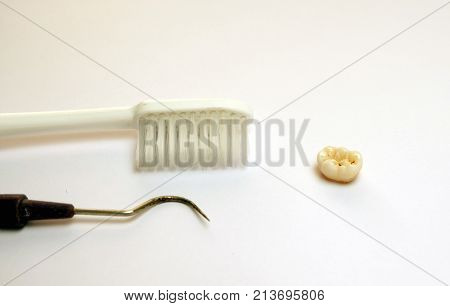 Girl 's milk tooth with brush and teeth instrument for dental health care on white background