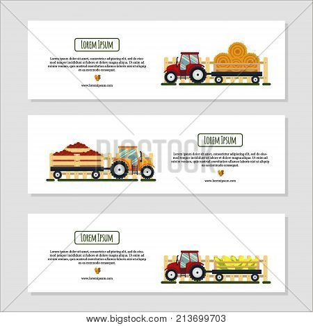 Set of horizontal banners for farm desing with tractor, hay, corn, tomato. Farming harvest elements - flat vector illustration. The agricultural machinery transport.
