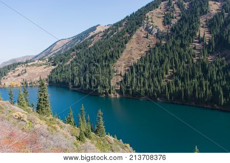 Beautiful view of high blue mountain lake