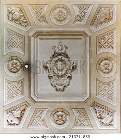LISBON, PORTUGAL - October 12, 2017: View of the ceiling above a major staircase at the Palace of Ajuda a neoclassical building in Lisbon Portugal