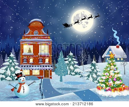 Christmas landscape with christmas tree and snowman with gifbox. background with moon and the silhouette of Santa Claus flying on a sleigh. concept for greeting or postal card, vector illustration