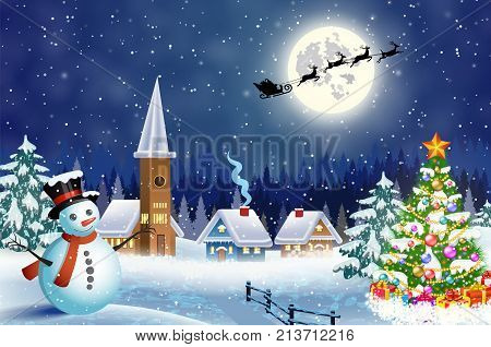 Christmas landscape with christmas tree and snowman with gifbox. background with moon and the silhouette of Santa Claus flying on a sleigh. concept for greeting or postal card, vector illustration