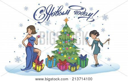 beautiful pin-up girls in Christmas inspired costume. girls dress up a Christmas tree. New Year and gifts. preparation for the holiday. two girls decorate a Christmas tree for Christmas