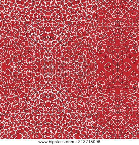 Red seamless pattern with white Doodle leaves