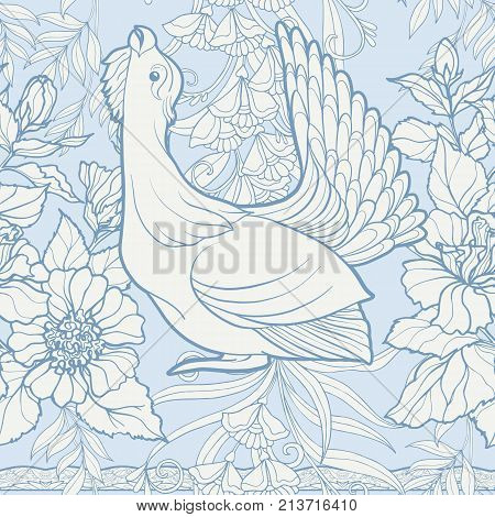 Seamless pattern, background with decorative flowers and bird in art nouveau style, vintage, old, retro style. Stock vector illustration.