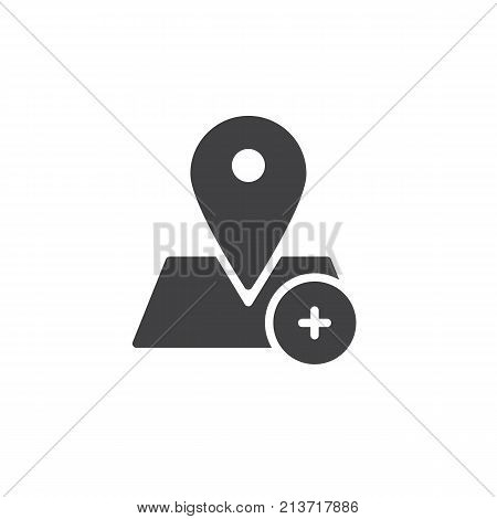 Location add icon vector, filled flat sign, solid pictogram isolated on white. Place position with plus symbol, logo illustration.