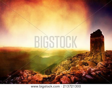 Austria Germany Border.  National Border Stone On Apine Gravel  Cliff.