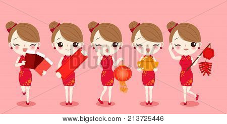cartoon woman wear cheongsam with chinese new year on the red background