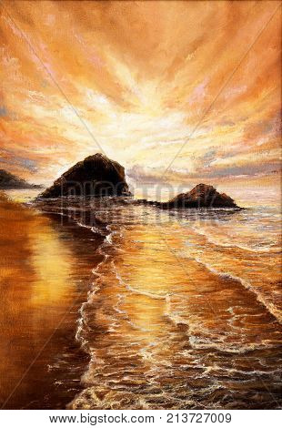 Original oil painting of beautiful golden sunset over ocean beach on canvas.Modern Impressionism modernismmarinism