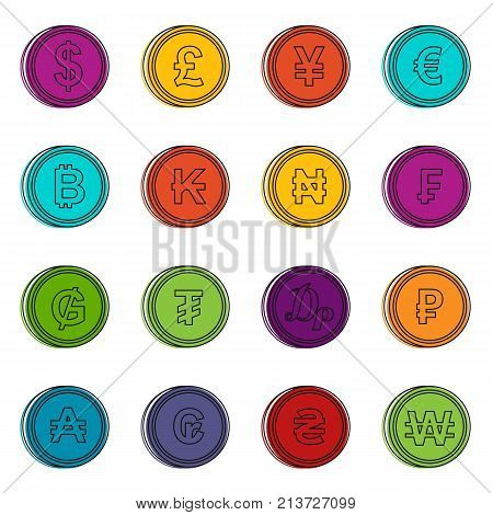 Currency from different countries icons set. Doodle illustration of vector icons isolated on white background for any web design
