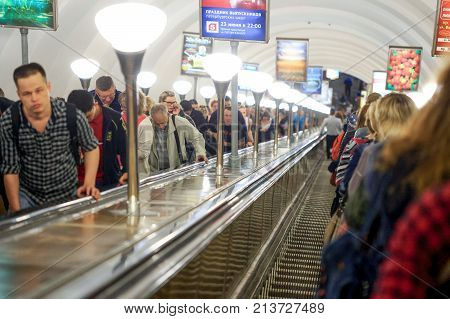 Petersburg Russia - June 29 2017: people climb the escalator in the metro station