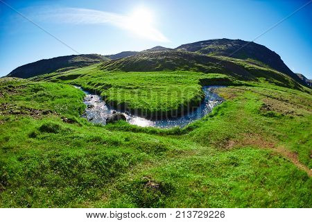 Valley of the river of Hveragerdi Iceland. Hiking Tour of Reykjadalur Hot Springs