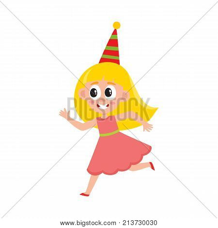 vector flat cartoon girl kid in funny pink dress and party hat faving fun. isolated illustration on a white background. Kids patty concept