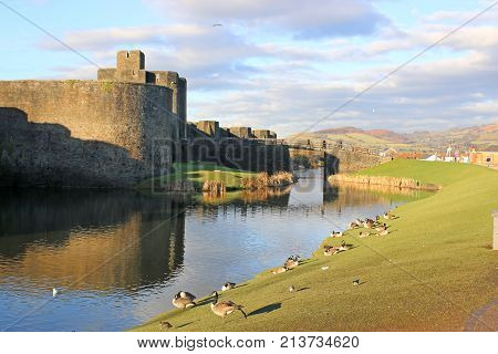 Caerphilly Castle, Wales reflected in its moat