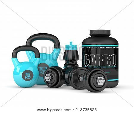3D Render Of Carbo Powder Jar With Kettlebells And Dumbbells