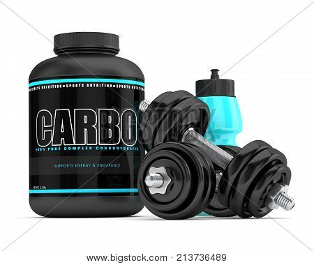 3D Render Of Carbo Powder Jar With Dumbbells And Shaker