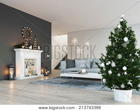 living room with fireplace in modern loft apartment. 3d rendering