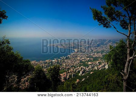 Aerial panoramic view to Jounieh city and bay from Harissa mountain Lebanon