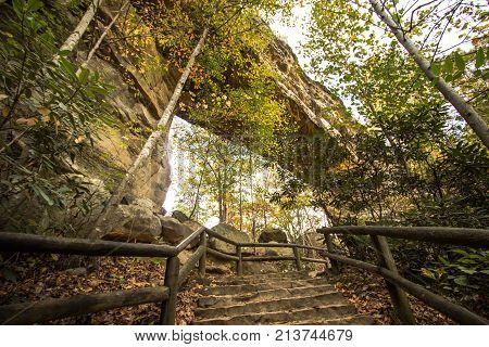 Kentucky State Parks Scenery. View and from under the stone arch in Natural Bridge State Park in Slade, Kentucky