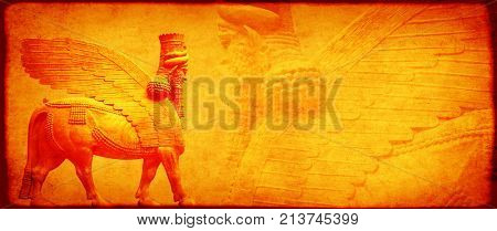 Grunge background with paper texture and lamassu - human-headed winged bull statue, Assyrian protective deity 