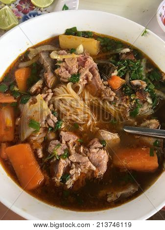 Bun Bo Hue, Bun Bo, Vietnamese noodle. A bowl of beef rice vermicelli soup, vietnamese noodle cuisine in Hue, Vietnam