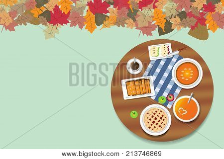 Top view on the rounded wooden table with apple pie and pumpkin menu. The top edge of the vector is ribbed with colorful autumnal leaves. Free place is ready for your text.
