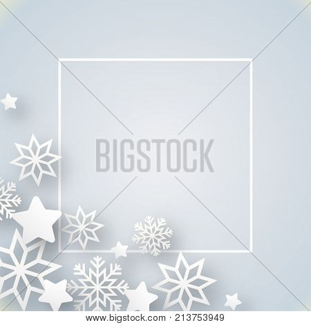 Vector illustration abstract Christmas Background with volumetric snowflakes. Winter paper art design. White 3D snowflakes with shadow. Xmas and new year card template